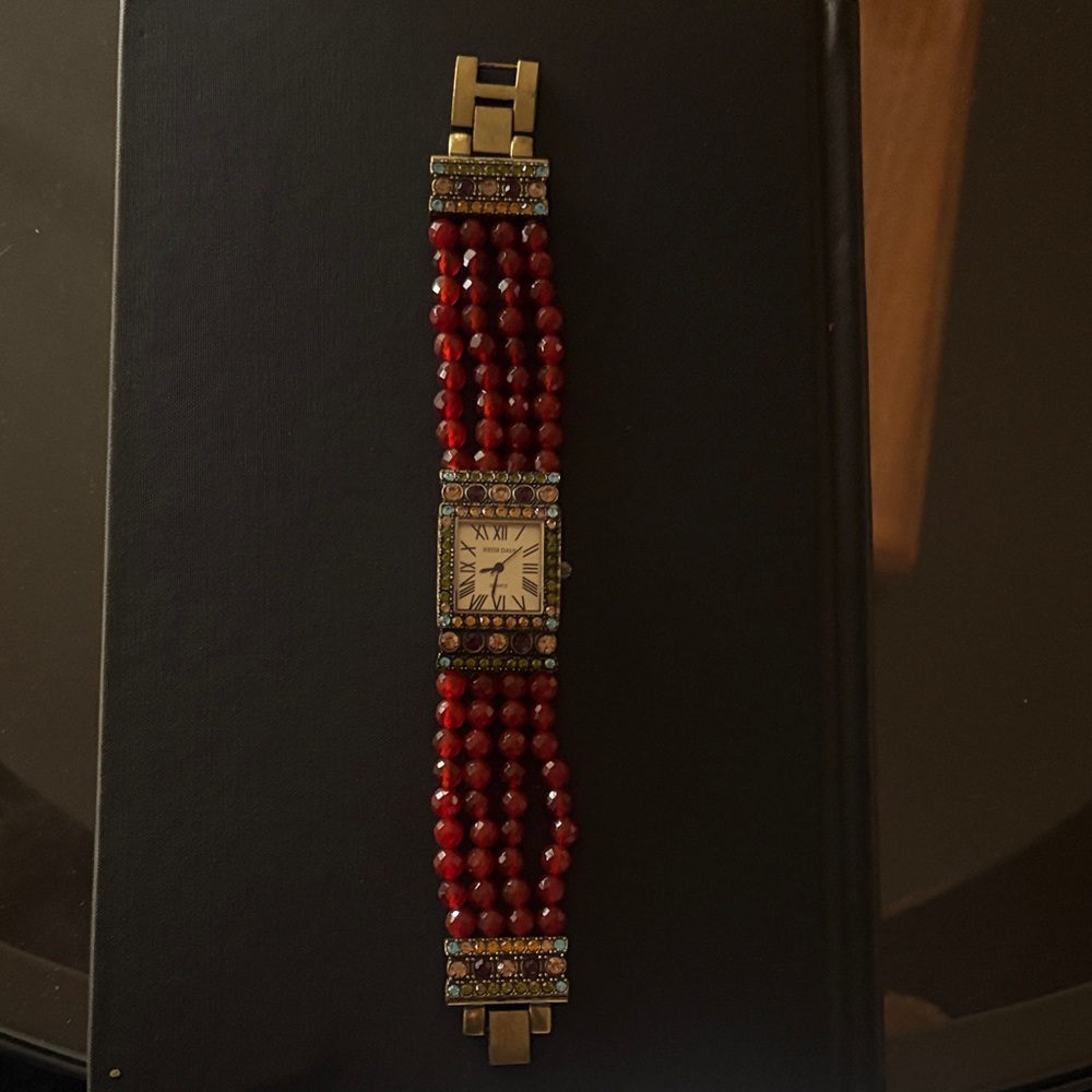 Heidi Daus Red Beaded Bracelet Watch with Gold Accents
